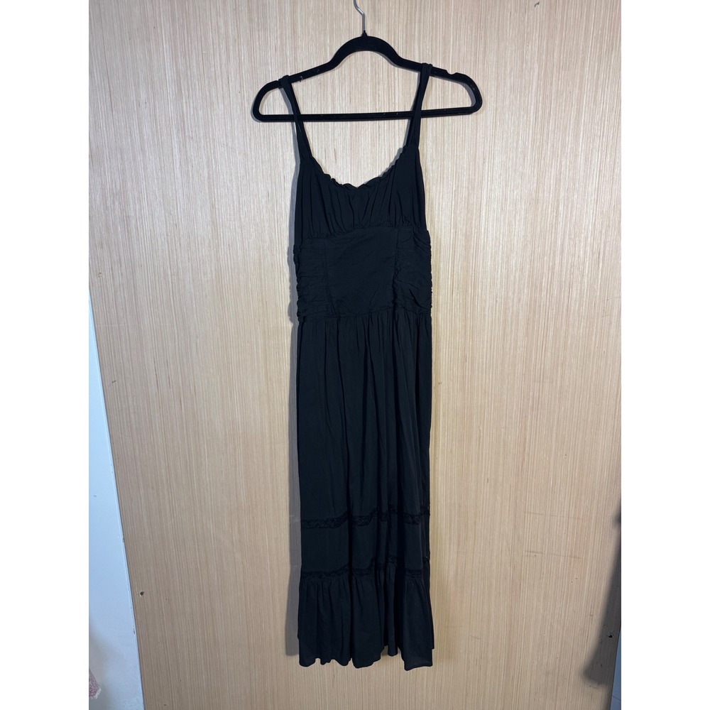 Reformation Lisette Drop Waist Black Lace Trim Ruched Midi Dress Organic Cotton